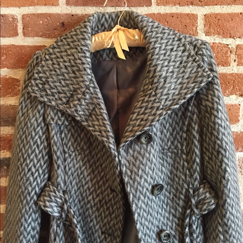KENNETH COLE Monochrome Herringbone Wool Tweed Coat
